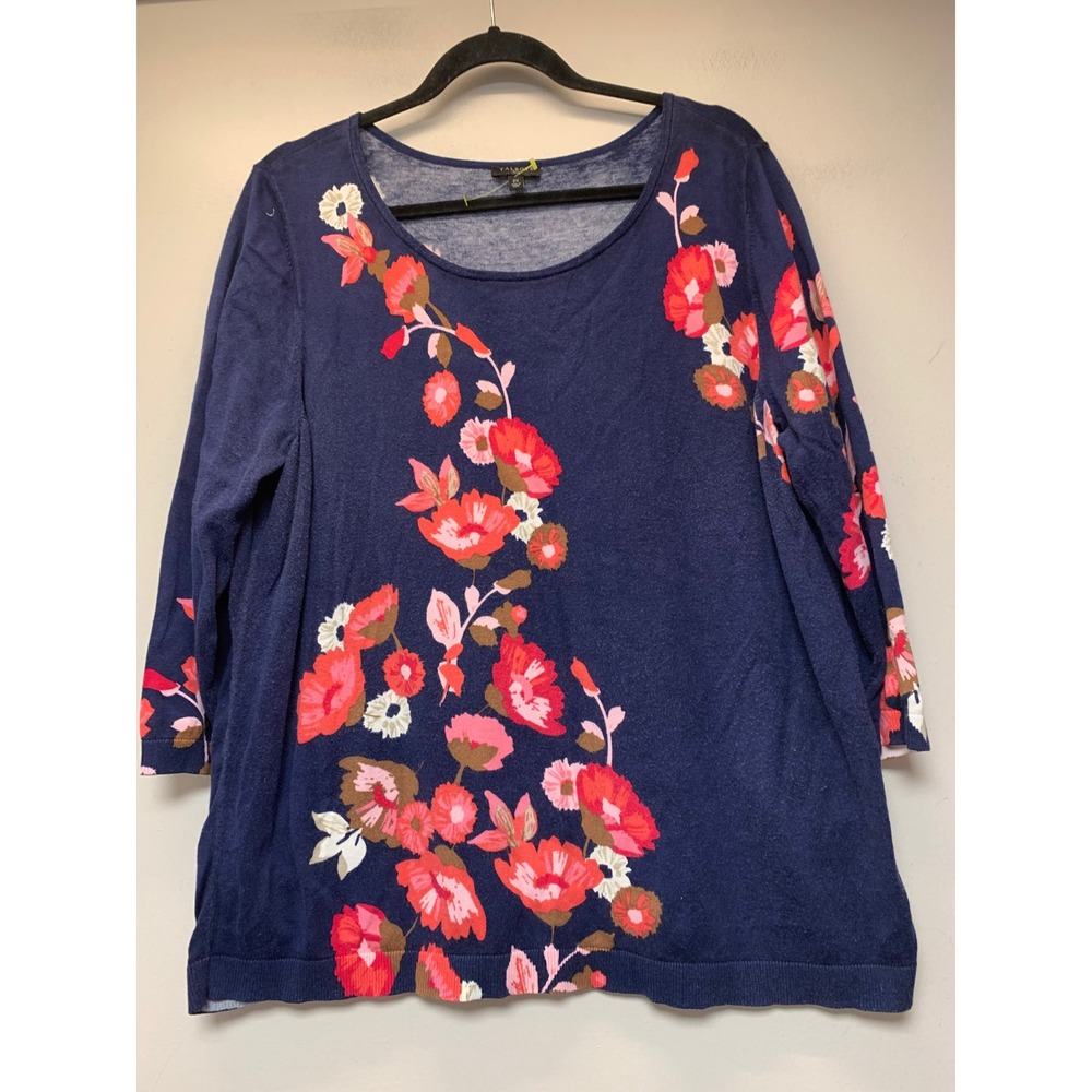 Talbots Sweater Womens 2X Navy Blue Excellent Floral Knit 3/4 Sleeve Pullover